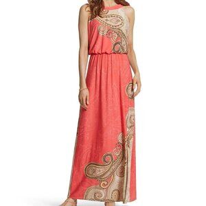 Chico's | Contrast Paisley Hope Maxi Dress Coral Tan | Size S
